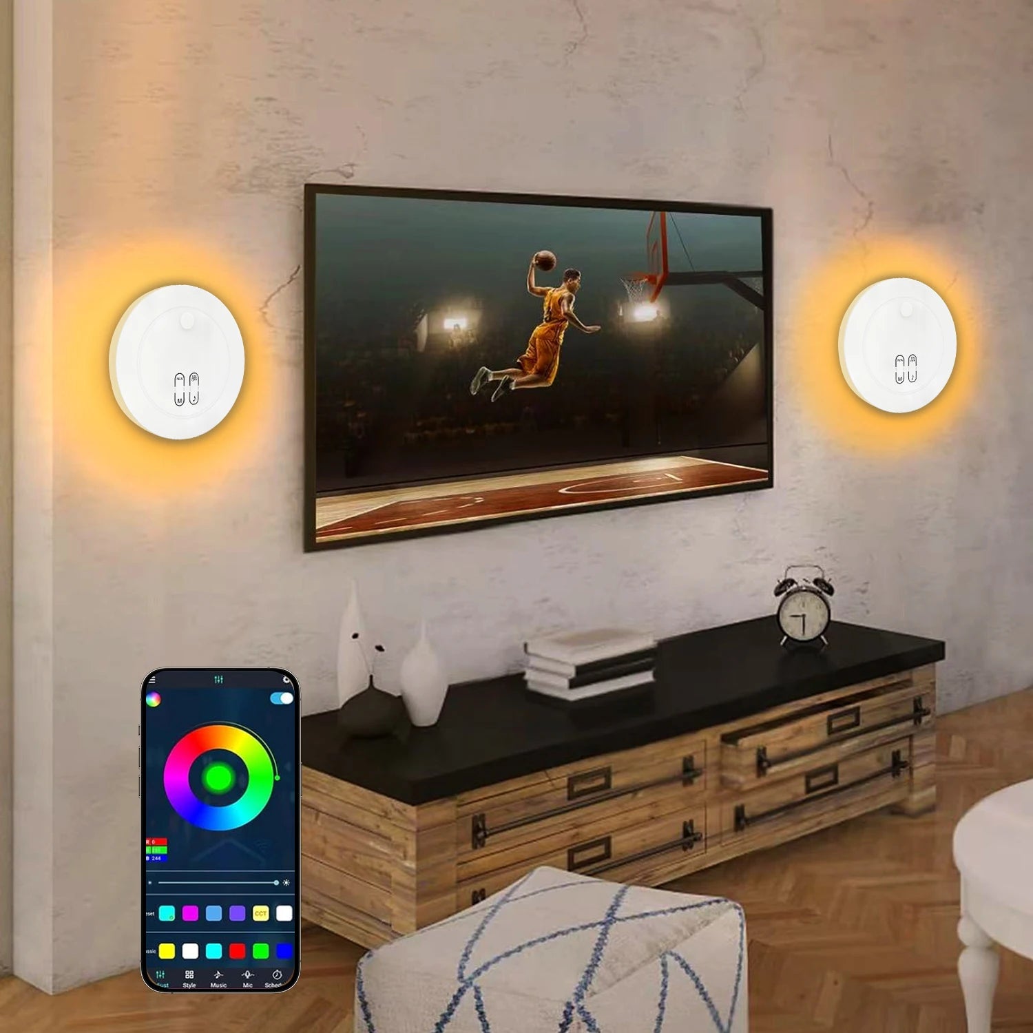 Smart LED Wall Light, APP Control, Dynamic RGBIC Light with Music Sync, Dimmer & Timers, White