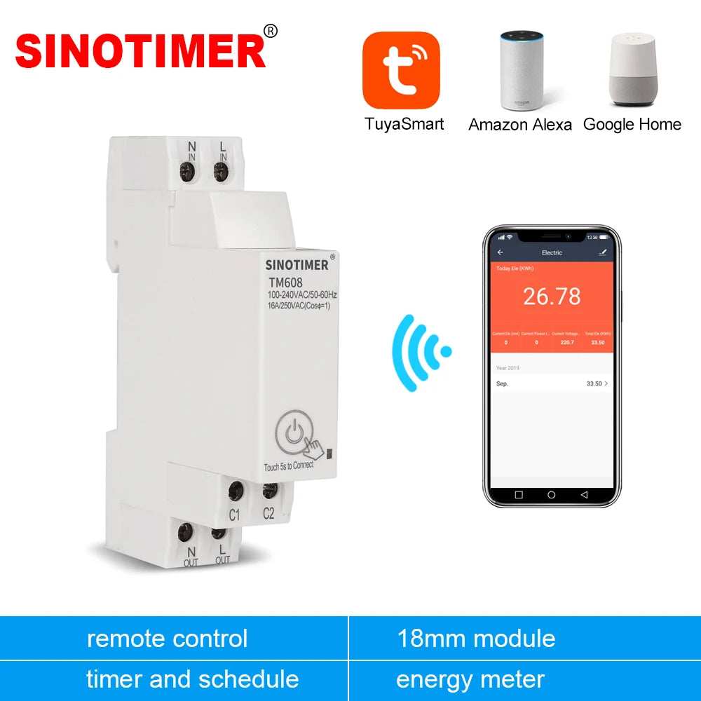 18mm WiFi Smart Digital Timer Switch Remote Mobile Light Time Control Switch Programmer with Energy Monitoring AC 110V 220V 16A