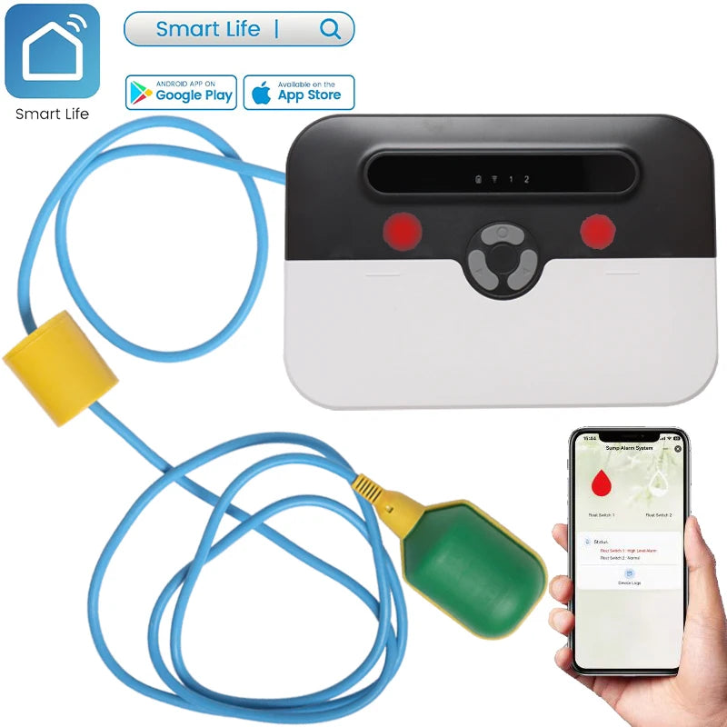 Smart WiFi Water Level Alarm with Mobile App Alerts, Sump Pump Alarm, Water Level Sensor Detector, 90dB Siren, LED Strobe