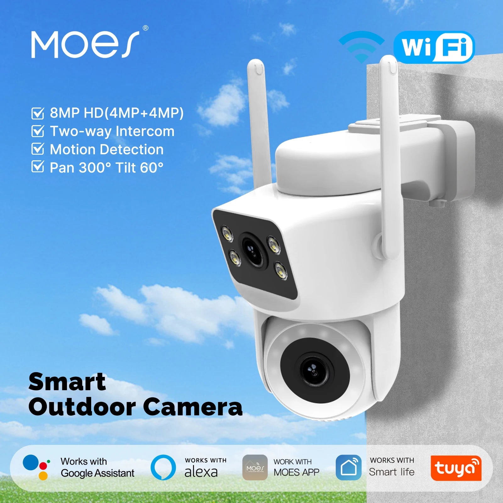 Moes Tuya Smart WiFi Outdoor Camera Security 8MP Dual Screen 2.4G/5G IP65 Waterproof Auto Track Two-Way Audio Motion Detection