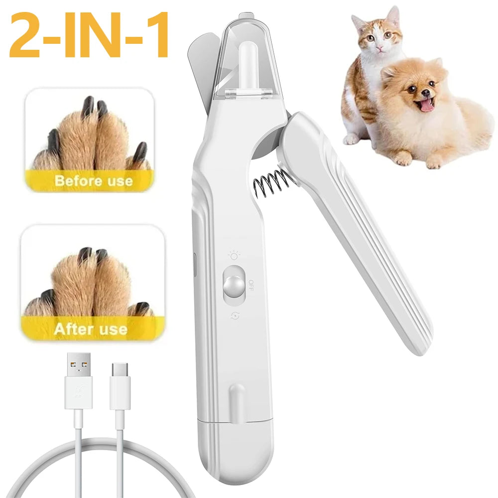 2 in 1 Pet Nail Grinder and Clipper Cat Dog Grooming Tool with LED Lights and Splash Guard USB Rechargeable Cat Dog Nail Trimmer