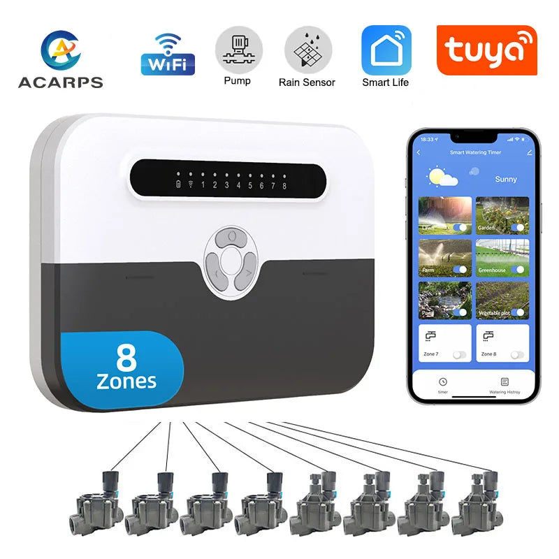 8 Zone Smart Sprinkler Controller, Supports Rain Sensor Pump Control, Irrigation System, Remote Control by Phone, Works w/ Alexa
