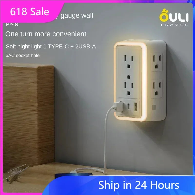 9-in-1 Surge Protector 6-Outlet Extender with 2 USB & 1 USB-C Ports Power Strip Multi Plug Outlets Wall Adapter Spaced for Home