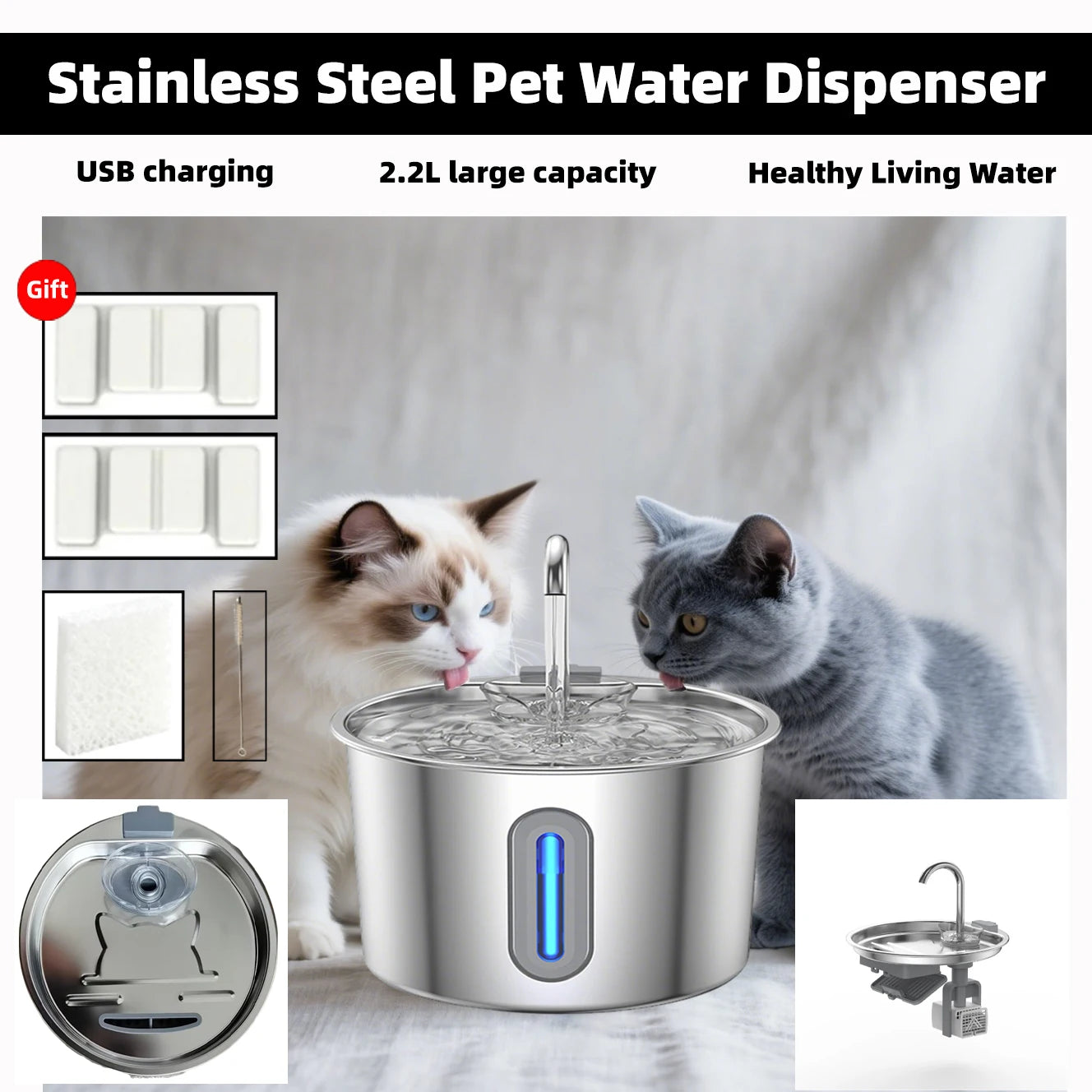 Automatic Pet Drinking Bowl for Cats 2.2L Stainless Steel Water Dispenser Dog Smart Watering Fountain Cat Drinker Accessories