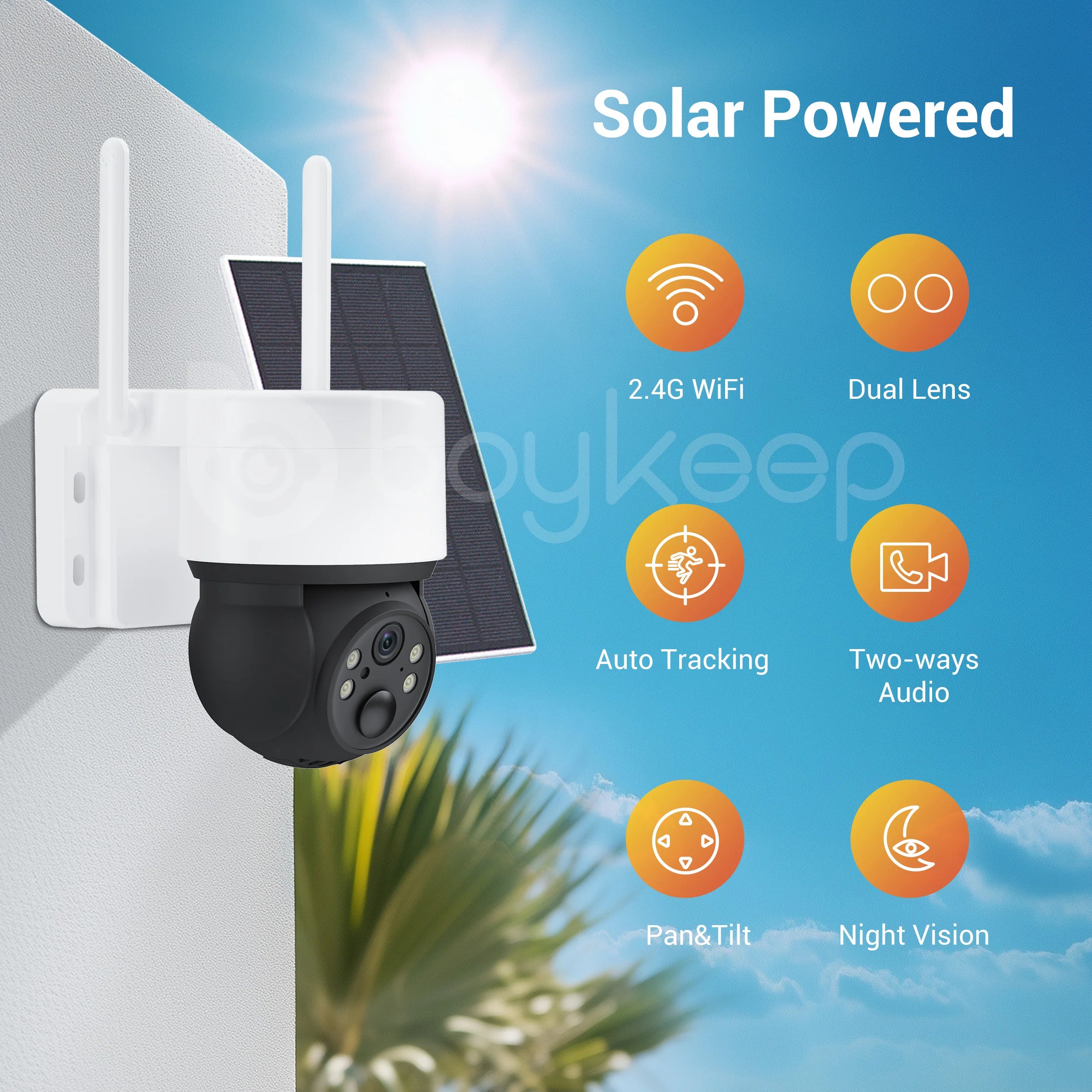 Boykeep Smart Security Camera 3MP HD 360° Rotating Outdoor Bullet Camera Low Power Solar Powered Dual Light Night Vision IP66