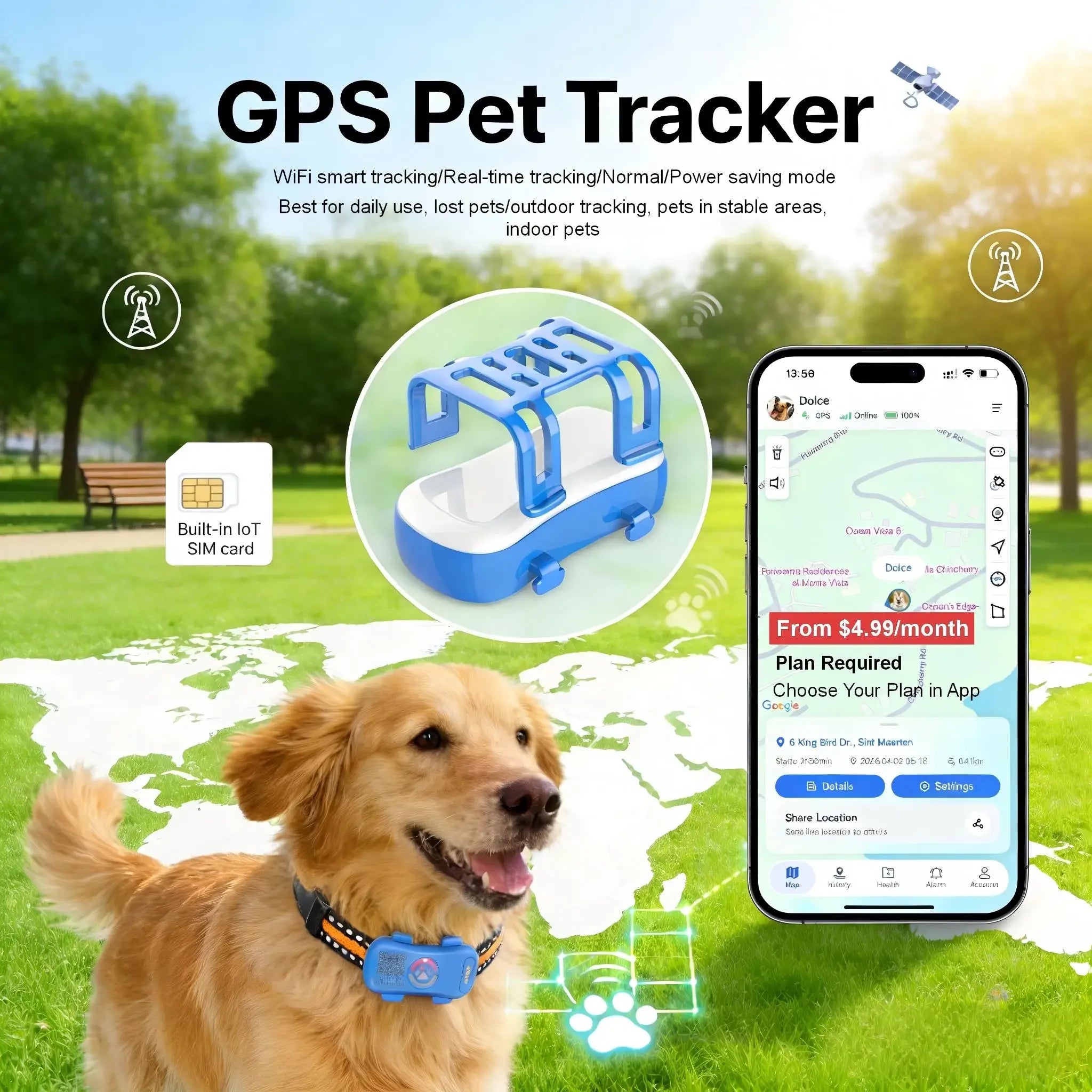 Smart Home Paws GP30 4G GPS Pet Tracker with Safe-Zone Alerts