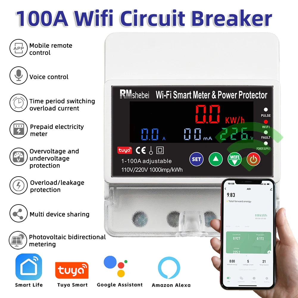 Tuya WiFi Smart Circuit Breaker Timed Switching Overload Current 100A Over/under Voltage Photovoltaic Bidirectional Metering