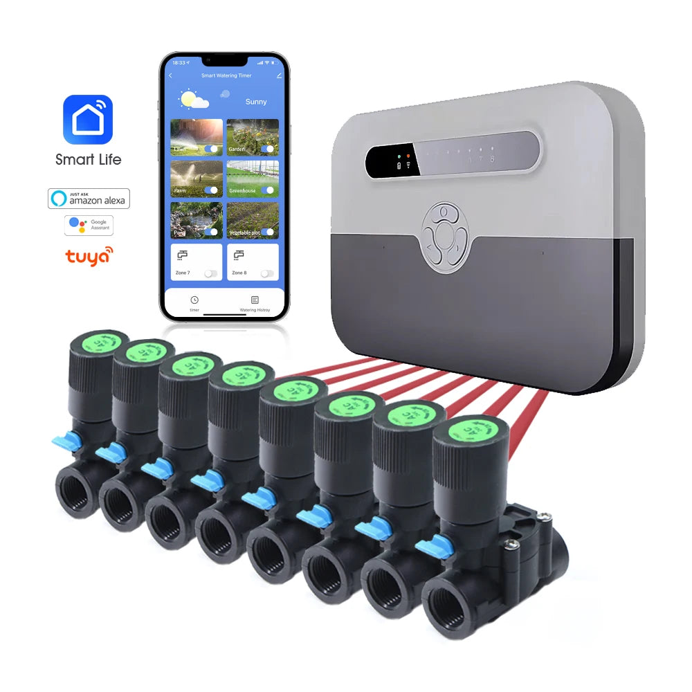 Garden Water Solenoid Valve Controller 8-Zone Remote Voice Control Watering Valve Timer Smart Sprinkler Timing Irrigation Lawn