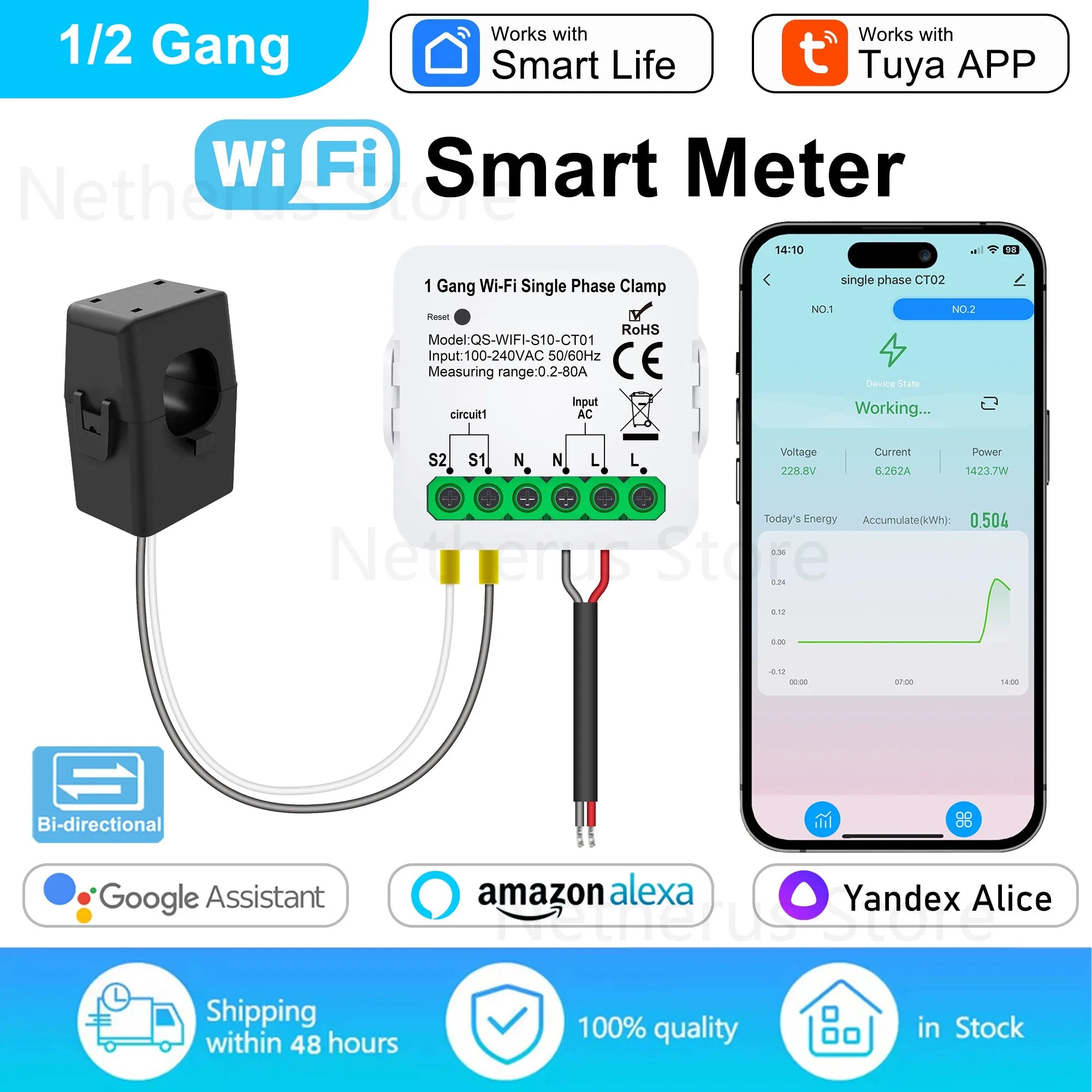 Tuya Smart Life WiFi Digital Energy Meter 80A with CT Clamp Sensor App Real-time Monitor Power Consumption 110V 240V 50/60Hz