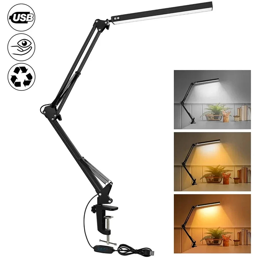 New LED Desk Lamp with Clamp Swing Arm Desk Lamp Dimmable Eye-Caring Desk Light with 10 Brightness Level 3 Lighting Modes