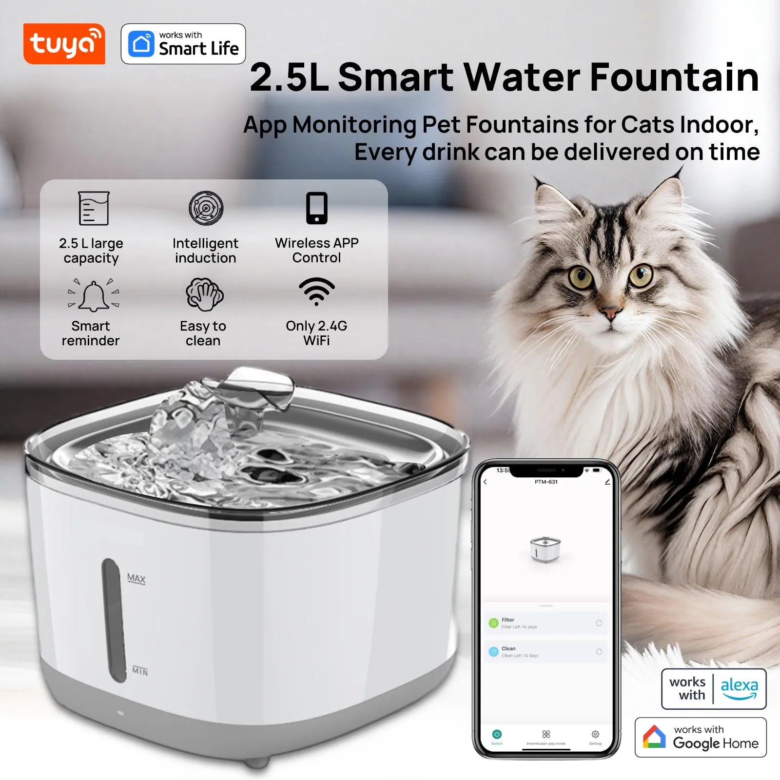 Cat Water Fountain, 2.5L/84oz Tuya Smart App Pet Water Fountain,Automatic Water Dispenser for Cats Inside with SUS304 Bowl