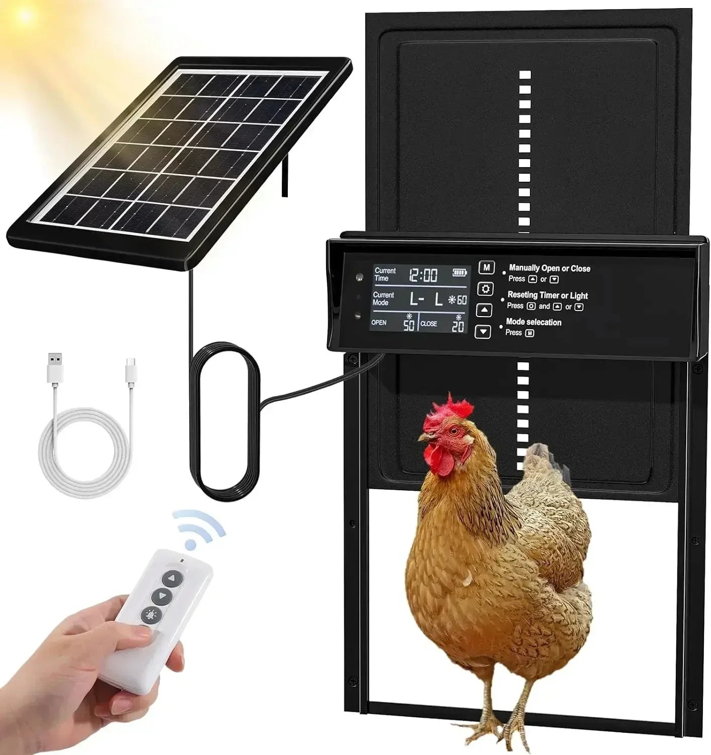 Solar Chicken Coop Door Automatic Chicken Coop Door Opener Battery Powered Auto Chicken Door 4 Modes with Timer & Light Sensor