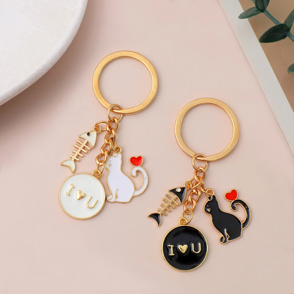 Mini Heart Balloon Cat Keychain Lovely Enamel Kitten Keyring For Women Men Handbag Decor Jewelry Car Keys Accessories Gift
