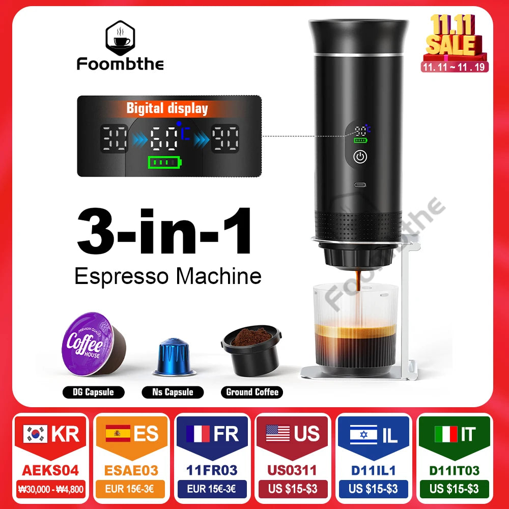 Foombthe Portable Espresso Coffee Machine With Digital Display 3-in-1 Capsule Coffee Maker for Car & Home Camping Coffee Maker