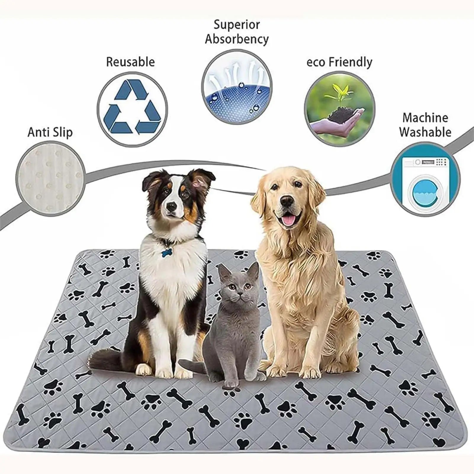 Washable Reusable Pee Pads for Dogs Cats Quick Absorbent Pet Training Mat Waterproof Liner for Crate Playpen Travel Grass Tray