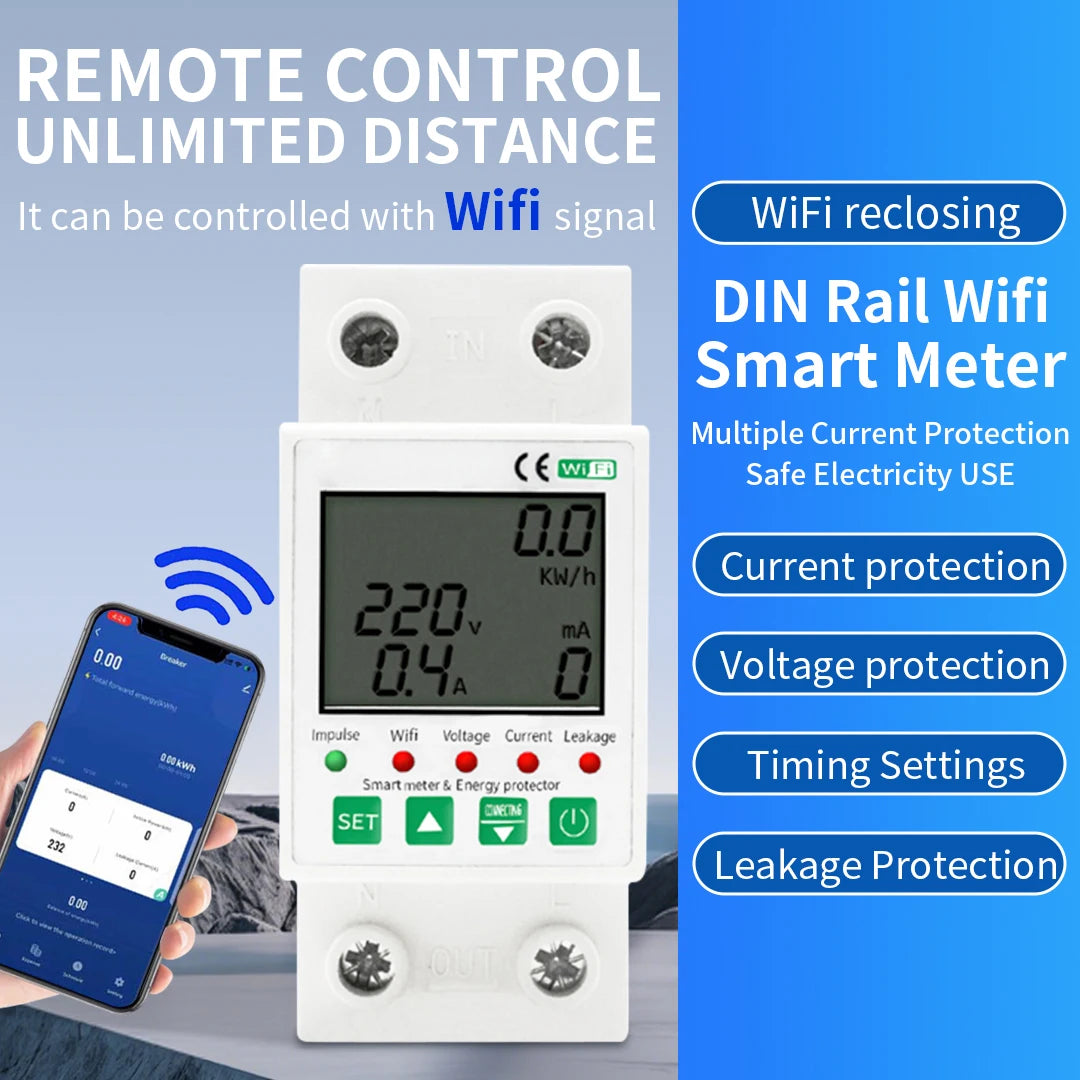 Smart Life 2P 63A Circuit Breaker WIFI Smart Reclosing Protector Control Switch Leakage Over Under Voltage Protection
