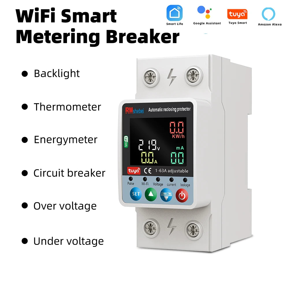 RMshebei Tuya Smart WiFi Circuit Breaker 2P 63A Double Break Timing Switch Overvoltage Undervoltage Overload Leakage Protection