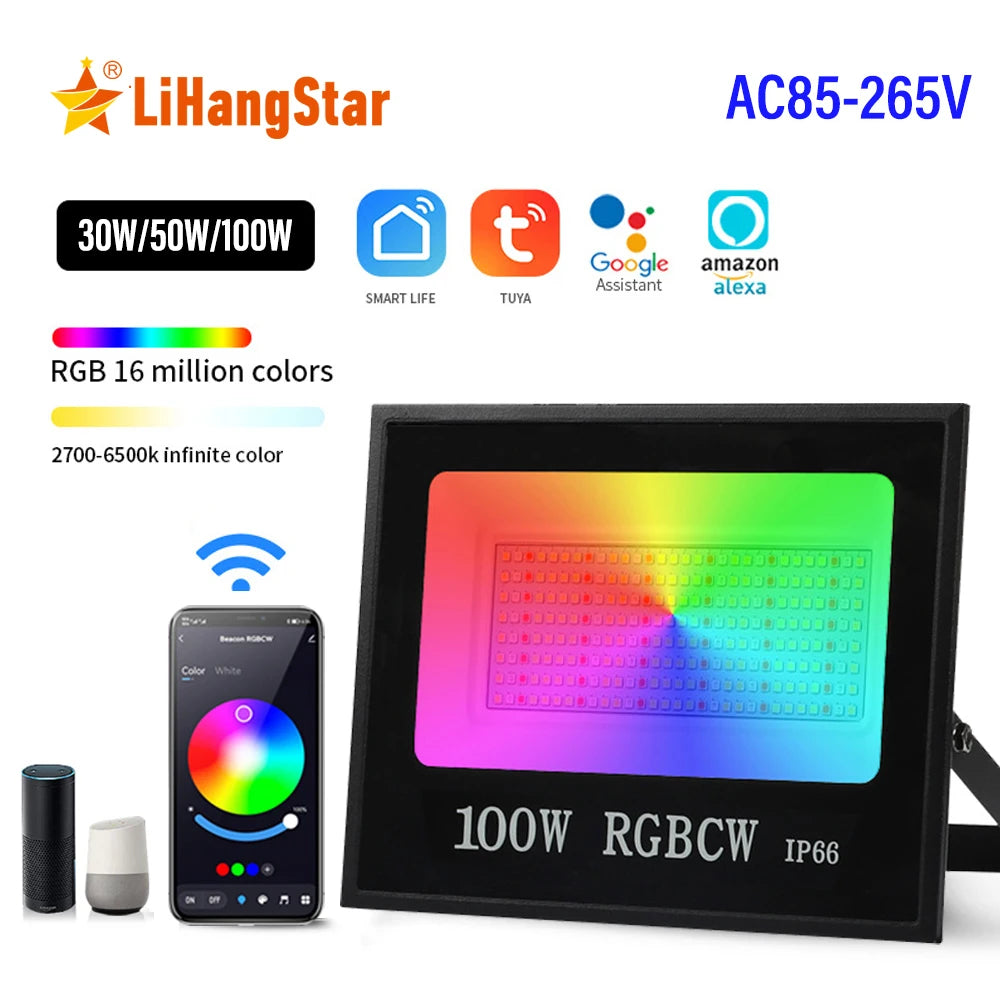 Outdoor RGBCW Smart Floodlight has 16 million colors Adjustable color temperature WIFI and wireless connectivity for patio