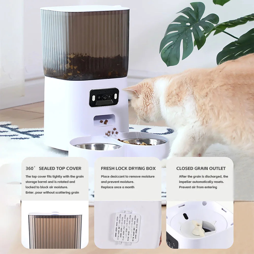 5L Pet Feeder with Camera Automatic Cat Feeder Smart Dog Food Dispenser WiFi Timing Stainless Steel Feeding Bowl（No 5V 2A Plug）