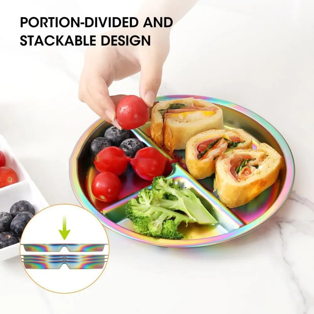 Dazzling Portion Control Plate Reusable 304 Stainless Steel Divided Dinner Plates Balanced Diet Round 3 Grids Dishes Outdoor