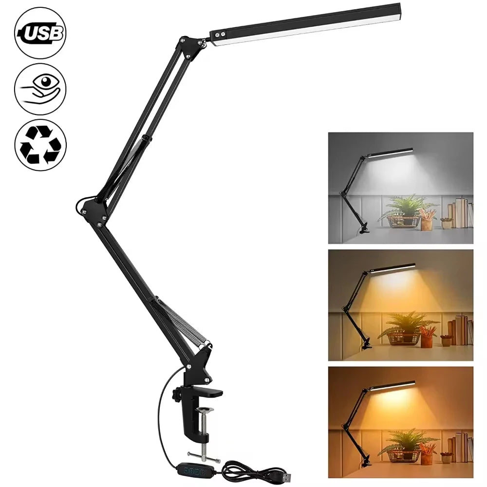 Desk lamp,LED desk lamp with rocker arm,adjustable Angle,10 brightness levels,3 lighting modes,fixture,eye-protecting learning