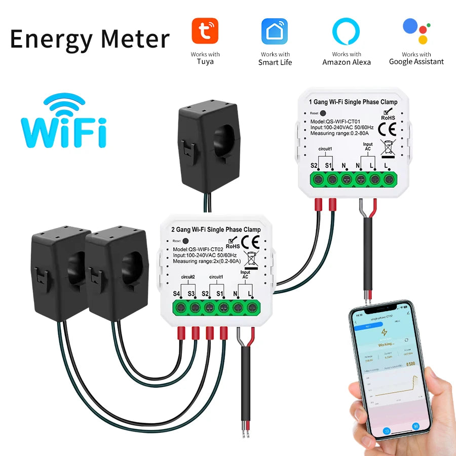 Smart WiFi Current Transformer Clamp Bidirectional App Monitor 100-240V 80A 1/2CH Power Statistics Consumption Energy Meter