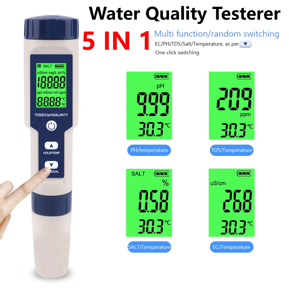 5 in 1 Water Quality Tester PH/EC/TDS/Salinity/Temp Tester for Drinking Water Aquariums Water Tester Pools Water Quality Monitor