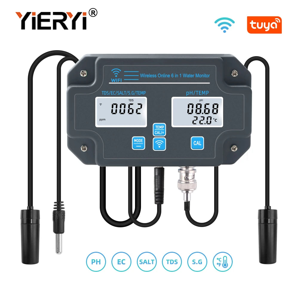 Yieryi Smart WIFI Aquarium Seawater Salinity Water Quality Meter PH EC TDS Salt TEMP Data Logger Tester Monitor for Fish Tanks