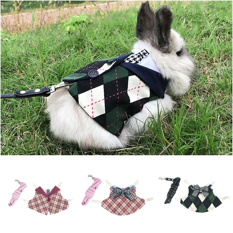 Preppy Style Pet Rabbit Harness and Leash Set for Rabbits Bunnies Small Animals Outdoor Walking Supplies Bunny Vest Clothing