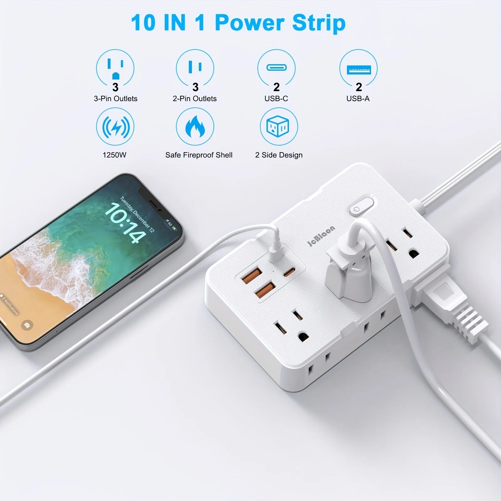 Surge Protector Ultra Thin Flat US Plug with 6 Widely Outlets 4 USB Ports,5ft Extender Cable,Power Strip Adapter for Home Office