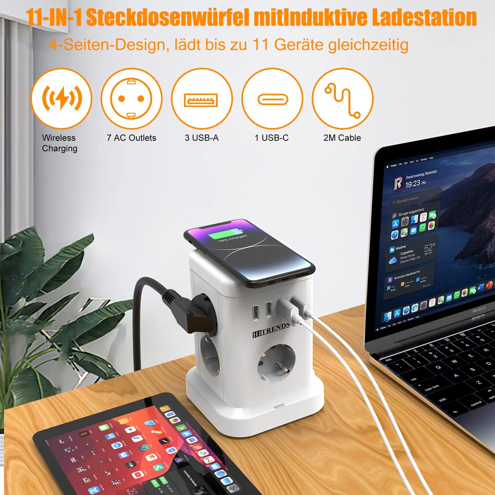 7/11AC EU plug Smart Power board with Wireless Charger 3 USB 1 Type c charging, 2m extension cable, Multiple Sockets for home