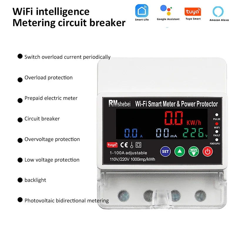 Tuya WiFi Smart Circuit Breaker Timed Switching Overload Current 100A Over/under Voltage Photovoltaic Bidirectional Metering