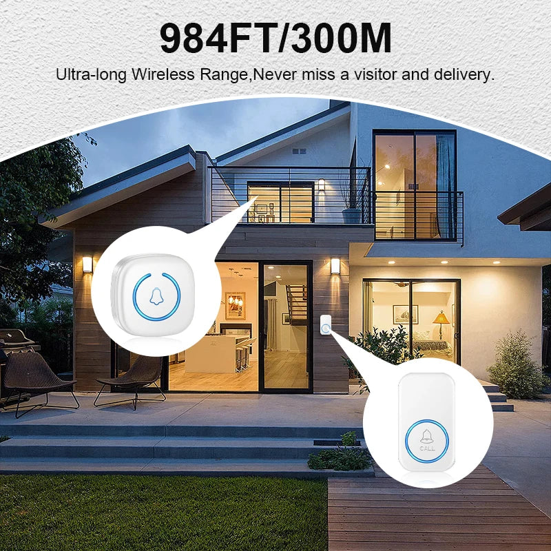Wireless Doorbell Intelligent Welcome Door Bell 300M/984 FT Remote 60 Songs Melodies Home Smart Doorbell US EU UK Plug Optional