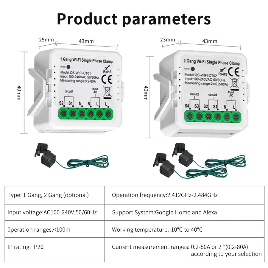 Smart WiFi Current Transformer Clamp Bidirectional App Monitor 100-240V 80A 1/2CH Power Statistics Consumption Energy Meter