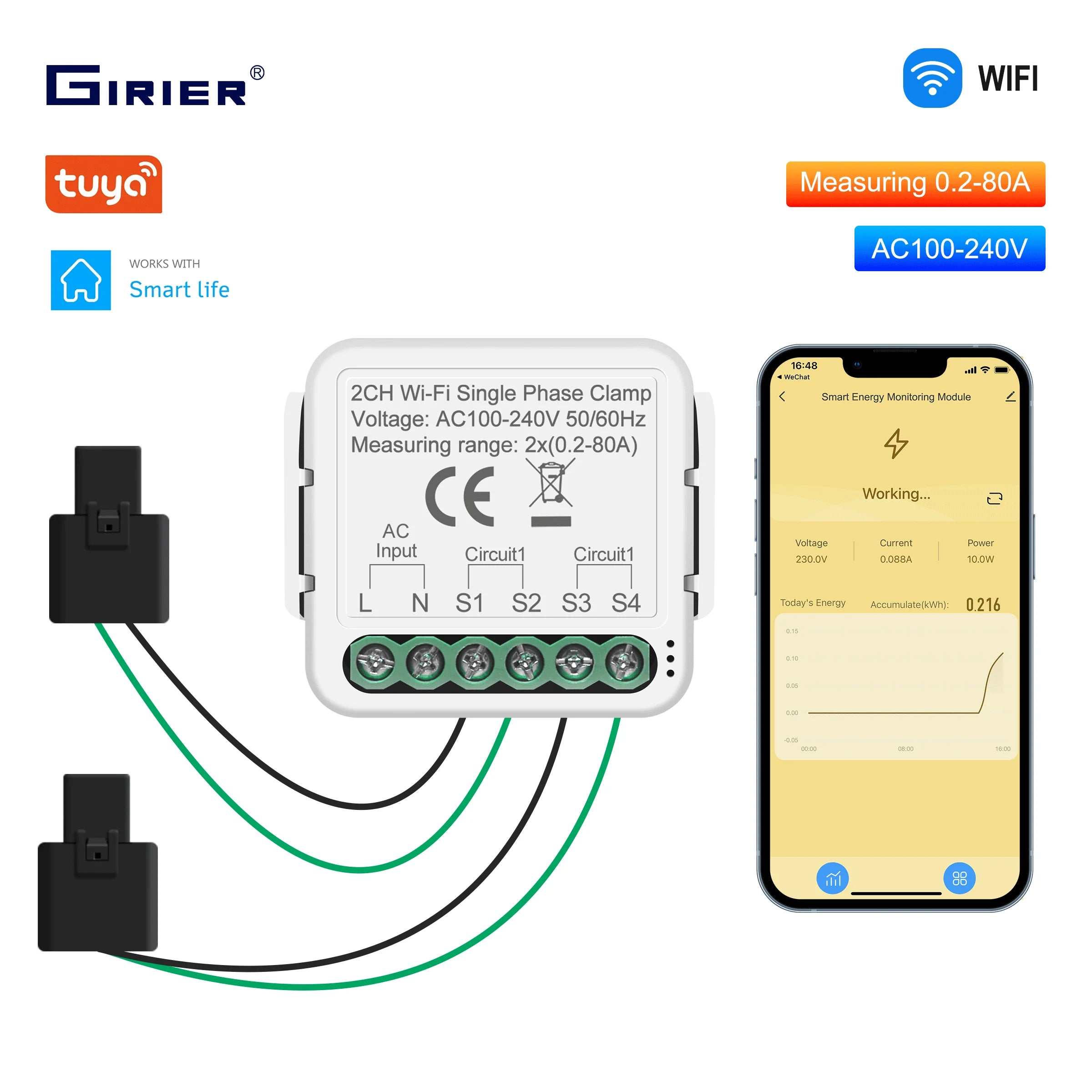 GIRIER Smart WiFi Power Meter Clamp Smart Home Energy Monitor Real-Time Tracking Electric Usage Bidirectional Solar Net Metering