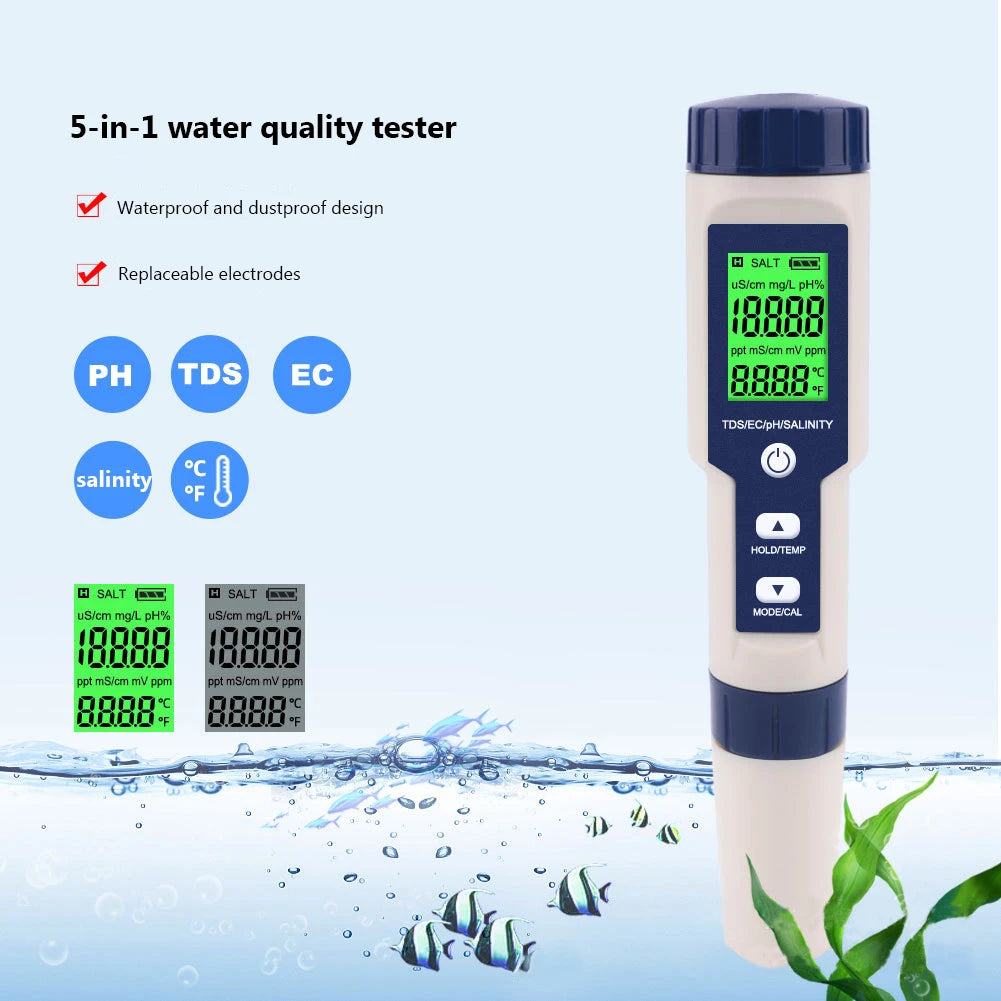 5 in 1 Water Quality Tester PH/EC/TDS/Salinity/Temp Tester for Drinking Water Aquariums Water Tester Pools Water Quality Monitor