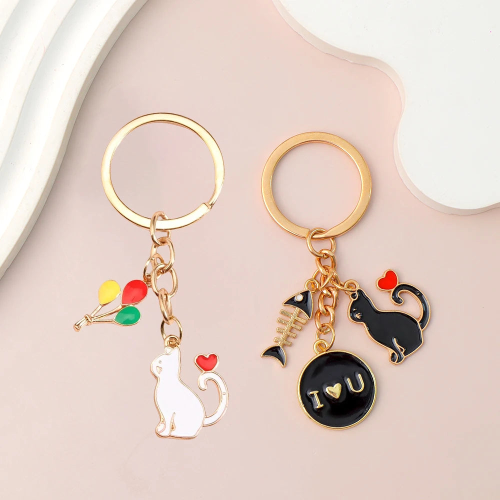 Mini Heart Balloon Cat Keychain Lovely Enamel Kitten Keyring For Women Men Handbag Decor Jewelry Car Keys Accessories Gift