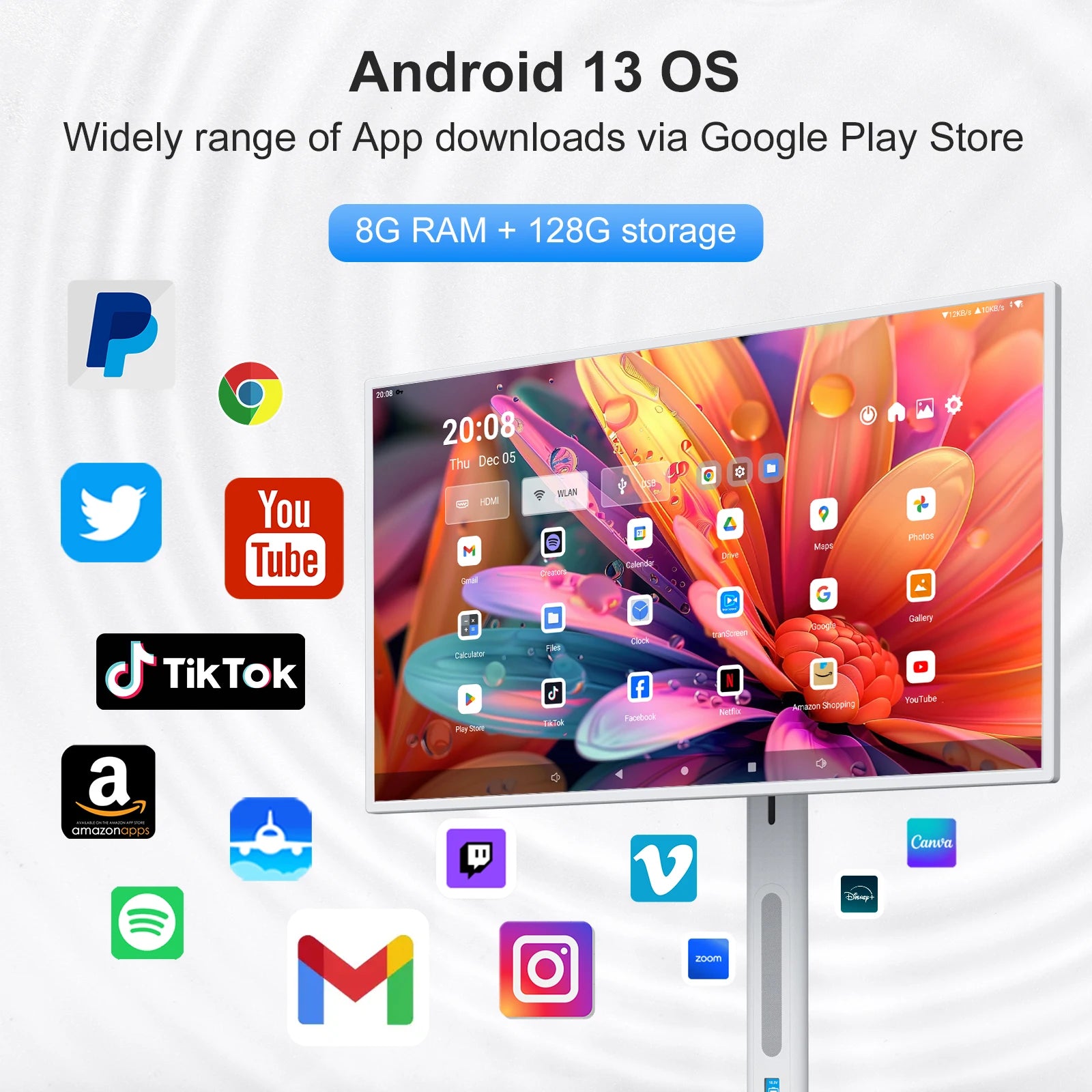 32 Inch Android 13 TV 8+128G 1080P Built-In Battery Family Indoor Smart Tv Wheels for Study Business Entertainment Portable Tv