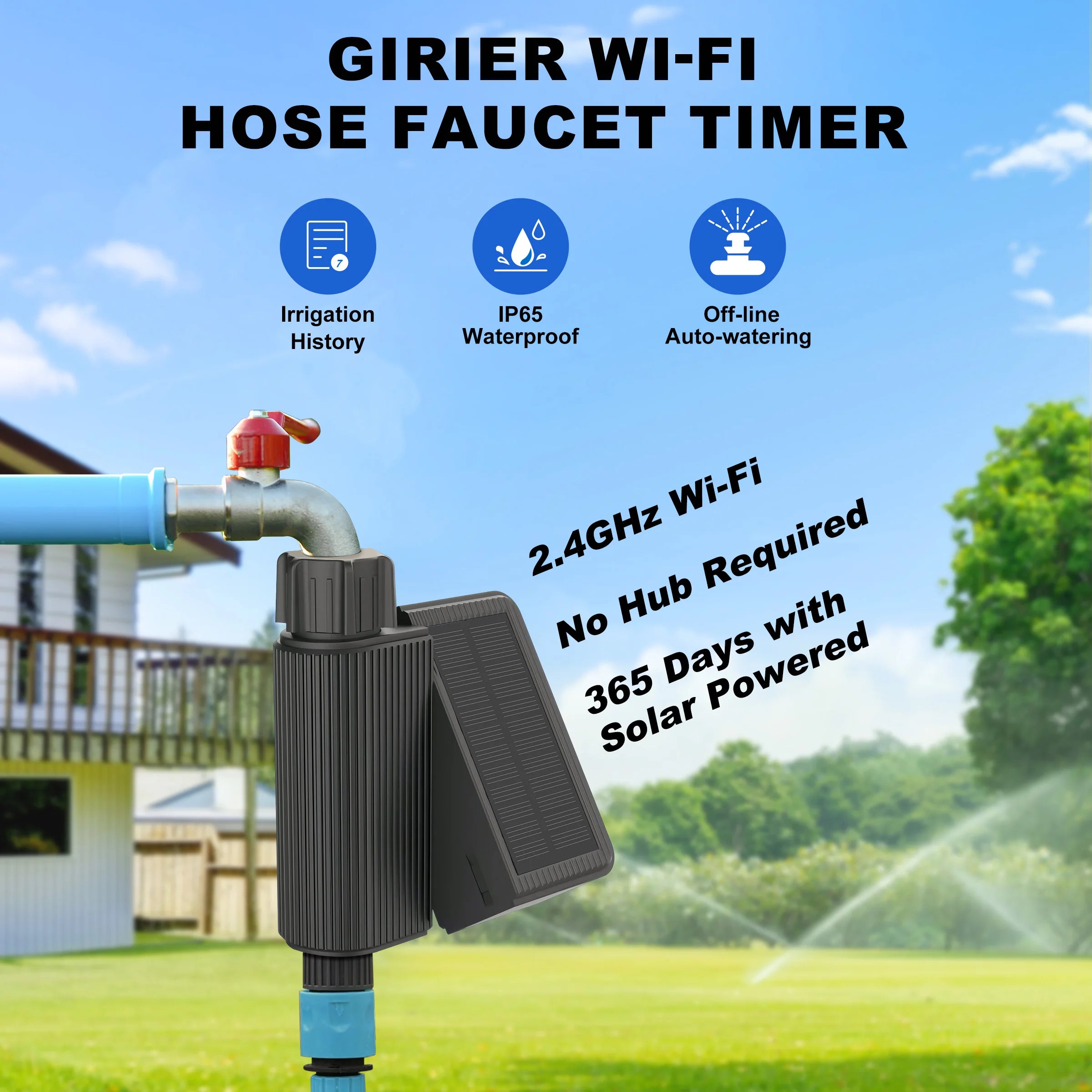 GIRIER Tuya Smart Water Timer Solar Powered Wifi Hose Faucet Timer with Brass Inlet Programmable Sprinkler Timer No Hub Required