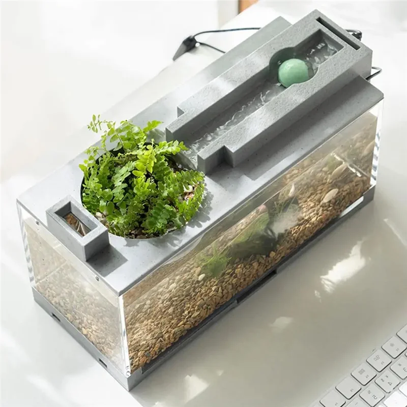 ABUN-Mini Fish Tank Aquarium Starterkits Mute Water Flow Filter Mini Landscape Fish Tank Office Desktop Decoration