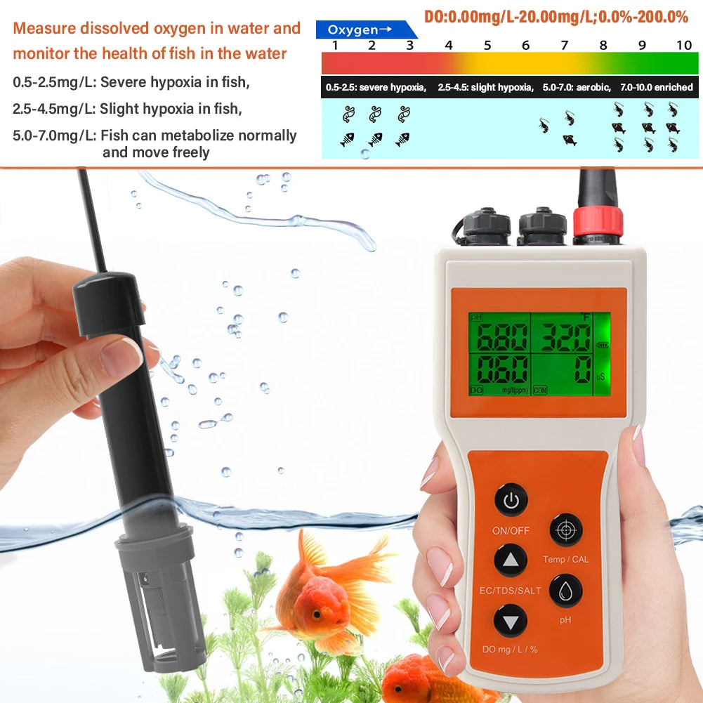 Smart Dissolved Oxygen Meter PH/DO/TDS/EC/Temp/Salinity Tester 6 in 1 Salt Water Monitor for Aquarium Aquaculture Koi Fish Pond